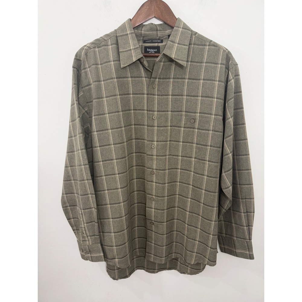 Haggar Luxury Microfiber Mens Large Long Sleeve Plaid Button Down Shirt Green